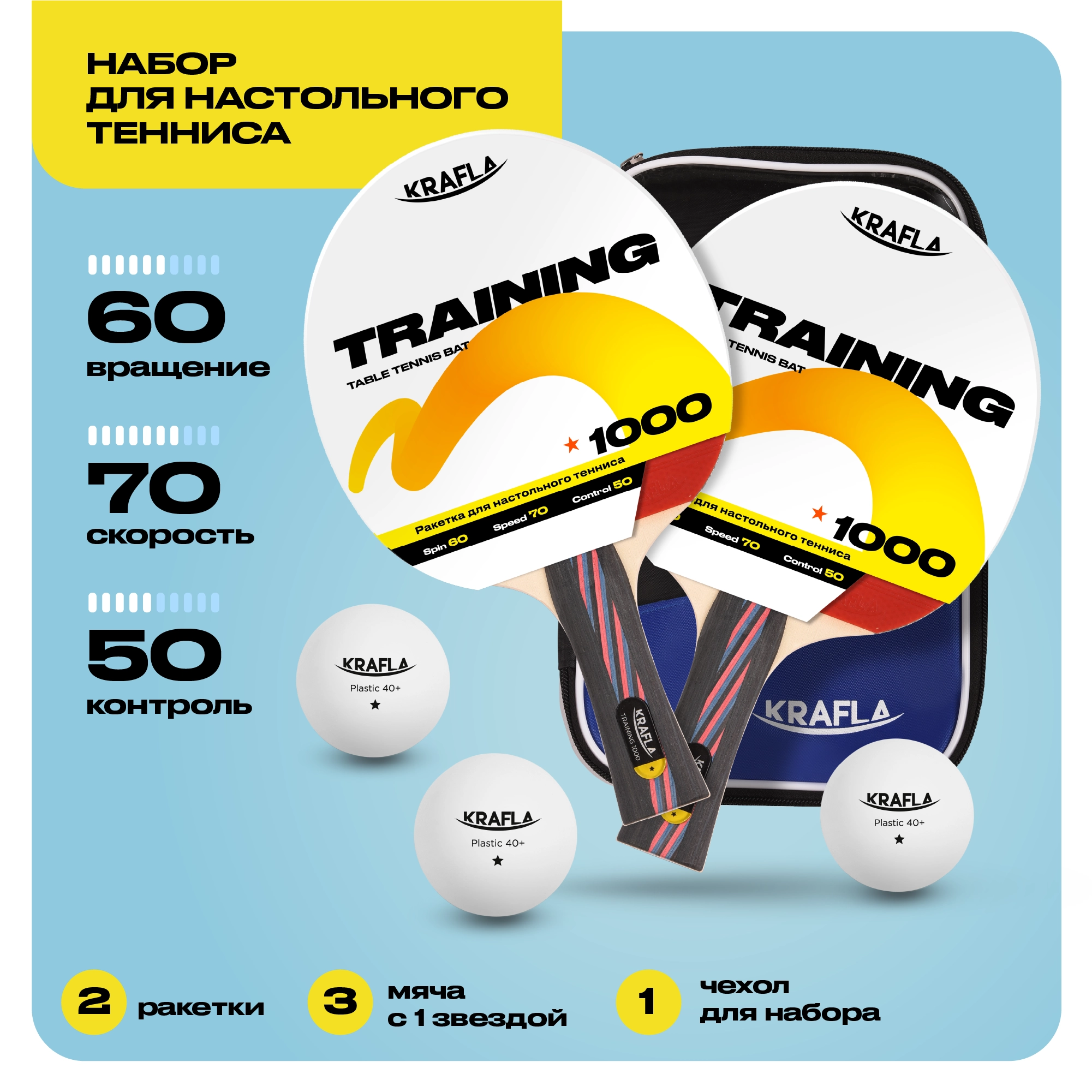 Набор для настольного тенниса KRAFLA S-T1000 (ракетки 2шт., мяч 3шт., чехол) Изображение №2